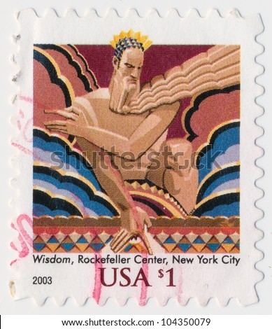 UNITED STATES - CIRCA 2003: A stamp printed in the United States, shows Wisdom, Rockefeller Center, New York City, series, circa 2003