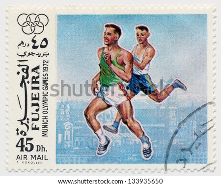UNITED ARAB EMIRATES - CIRCA 1972: A stamp printed in Fujeira, shows Olympic Games in Munich in 1972, runners, circa 1972
