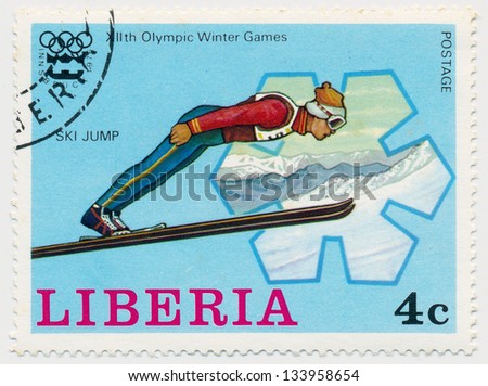 LIBERIA - CIRCA 1976: A stamp printed in Liberia, shows XII Olymic Winter Games 1976 Innsbrusk, Sky Jump, circa 1976