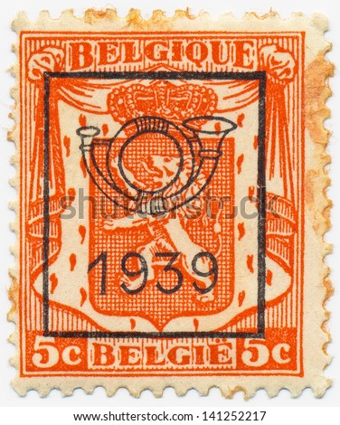 BELGIUM CIRCA 1936: A stamp printed in Belgium shows Belgian heraldic lion, circa 1936