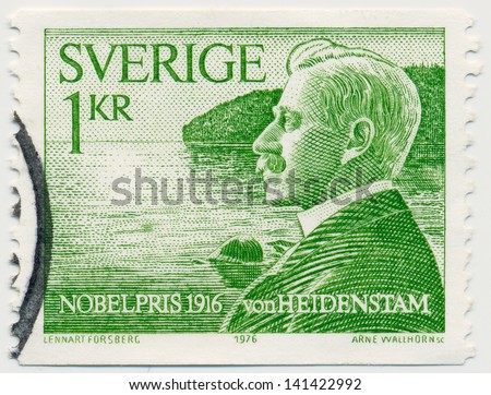 SWEDEN - CIRCA 1976: A stamp printed in Sweden, shows portrait winner of the Nobel Prize Carl Gustaf Verner von Heidenstam (1859-1940) Swedish poet and novelist, circa 1976