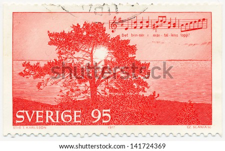 SWEDEN - CIRCA 1977: A stamp printed in Sweden, shows tree, sea and  sun, circa 1977