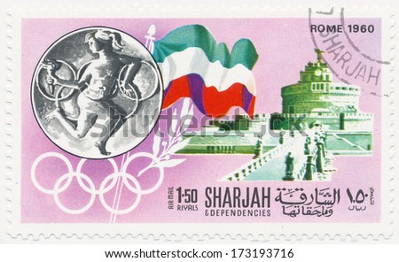 SHARJAH - CIRCA 1968: A stamp printed in Sharjah, shows Rome Olympics 1960, circa 1968