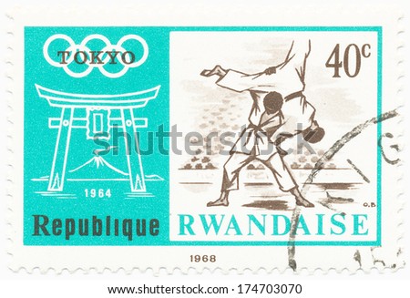 RWANDA - CIRCA  1968: A stamp printed in Rwanda shows judo , series Olympics Games, circa 1968
