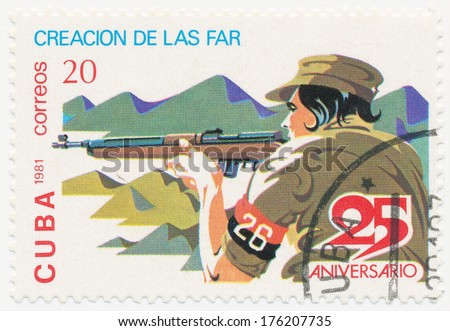 CUBA - CIRCA  1981: A stamp printed in Cuba shows  Marksman with a gun, 25 anniversary of the revolution, circa 1981