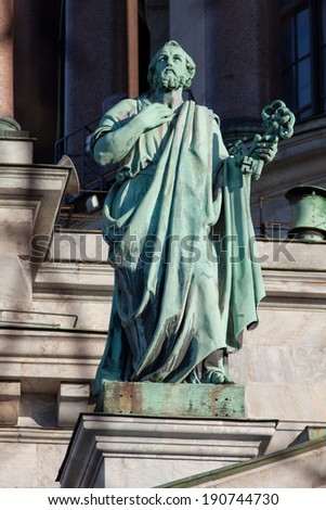 Sculpture of The Apostle Peter with an key, on the Isaac cathedral, St Petersburg.
