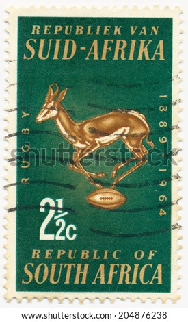 SOUTH AFRICA - CIRCA 1964: A stamp printed in South Africa shows Rugby Board Emblem, Springbok and Ball, circa 1964