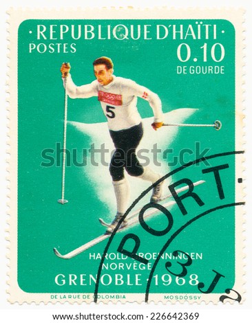 HAITI - CIRCA 1968: A stamp printed in Haiti shows Harold Groenningen, Norway, cross-country skiing, series 1968 Winter Olympics, Grenoble, circa 1968