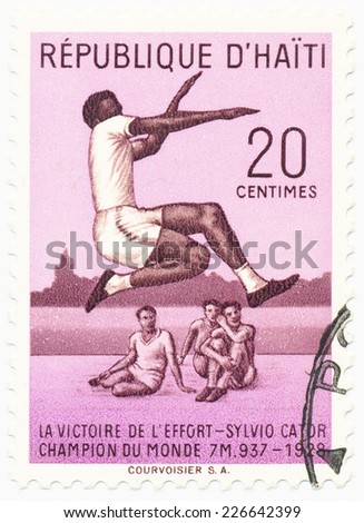 HAITI - CIRCA  1958: A stamp printed in Haiti shows Sylvio or Silvio Paul Cator (1900-1952) was a Haitian athlete most successful in the long jump, circa 1958