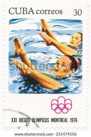 CUBA - CIRCA 1979: A stamp printed in Cuba shows Synchronised swimming, Olympics in Montreal, circa 1979