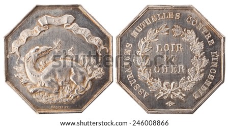 Silvers token, Insurance company fire department of Loir-et-Cher. Napoleon III. France, 1852-1871, isolated on white