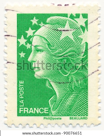 FRANCE - CIRCA 2008: stamp printed by France, shows Marianne, the allegory of the French Republic and Europe Stars, circa 2008