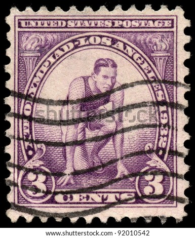 UNITED STATES - CIRCA 1932: A 3 cents stamp printed in the United States shows Runner at Starting Mark, 10th Olympic Games Issue, circa 1932