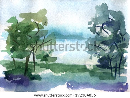 watercolor sketch of landscape with river