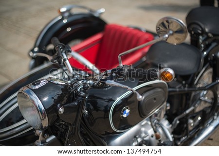 LUDWIGSBURG, GERMANY - MAY 5: A BMW classic sidecar motorbike is presented during the eMotionen show on the market square on May 5, 2013 in Ludwigsburg, Germany.