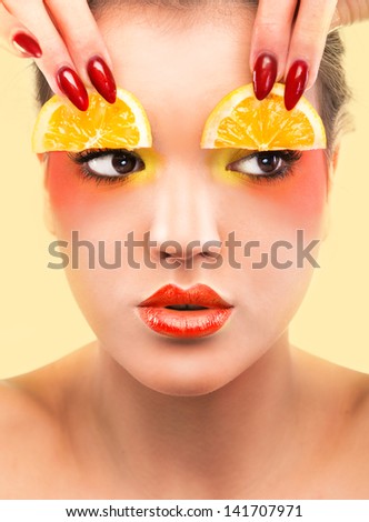 Woman beauty concept with lemon slices over eyes
