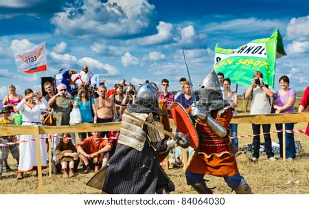 SERGIEV POSAD, MOSCOW REGION, RUSSIA - AUGUST 27:knights fight. The Festival of medieval culture \