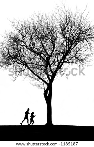 Silhouette of a man and a woman running.