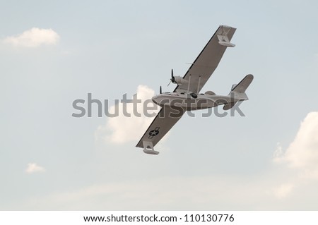 ZHUKOVSKY, MOSCOW REGION/RUSSIA - AUGUST 10: Consolidated PBY Catalina American flying boat in airshow devoted to 100th anniversary of Russian Air Forces on August 10, 2012 in Zhukovsky.