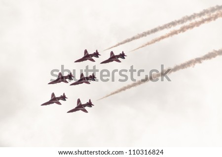 ZHUKOVSKY, MOSCOW REGION/RUSSIA - AUGUST 10: Royal Air Force Aerobatic Team Red Arrows Hawk T1 BAE Systems on airshow devoted to 100 anniversary of Russian Air Forces on August 10, 2012 in Zhukovsky.