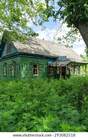 Old abandoned wooden house among wild tall weeds and trees. Bolshaya Doroga village, Tambovsky region, Russia.