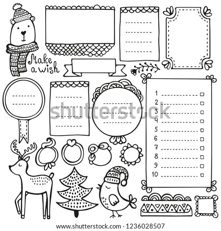 Bullet journal and Christmas hand drawn vector elements for notebook, diary and planner. Doodle frames isolated on white background. 