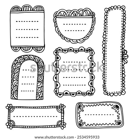 Bullet journal hand-drawn vector elements for notebook, diary, or planner. Doodle black floral frames are isolated on a white background. 