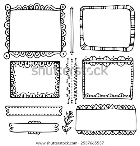 Bullet journal hand-drawn vector elements for notebook, photo, picture, diary, or planner. Doodle black floral frames isolated on a white background. 