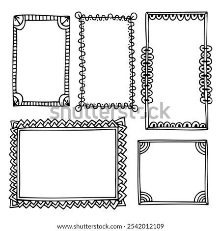 Set of hand-drawn doodle frames for picture, photo, notebook, diary, bullet journal, or planner. Black vector borders isolated on a white background. 