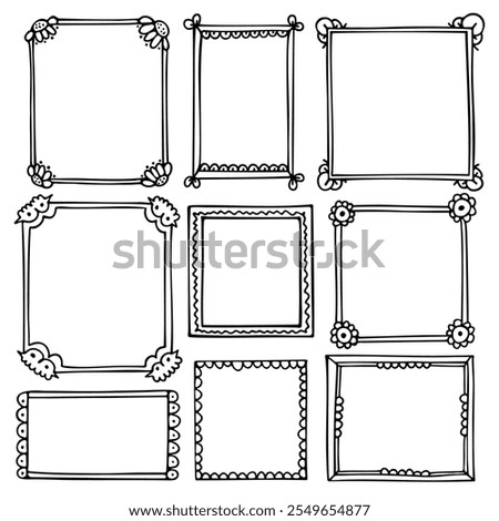 Set of hand-drawn doodle black frames for bullet journal, photo, notebook, scrapbook, planner or diary 