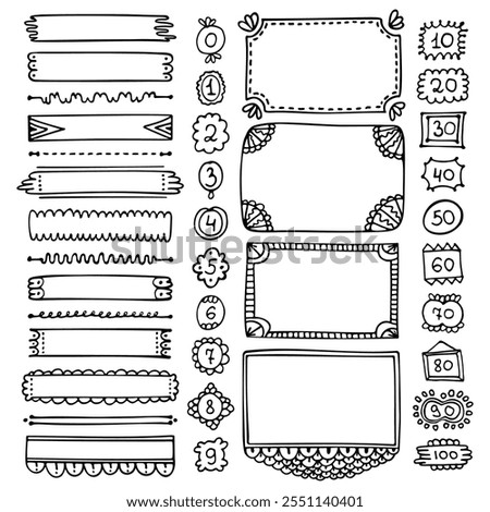 Set of hand-drawn doodle black frames and elements for bullet journal, notebook, scrapbook, planner or diary 