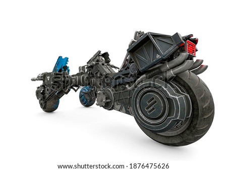 three wheel war machine on white background side rear view, 3d illustration