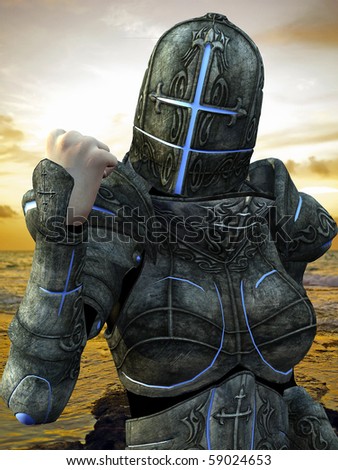 blue cross knight in a power pose close up