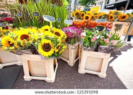 Bunches of beautiful spring flowers in a flower stall