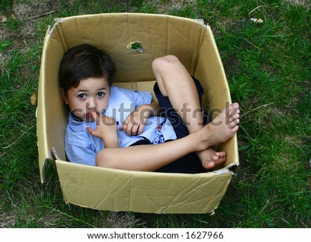 A boy plays hide and seek in a cardboard box. Concept : Grow and evolve