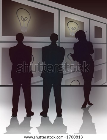 Three business people silhouettes discussing ideas and choices.