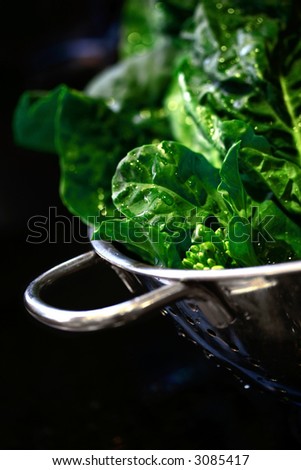 Freshly washed green leafy vegetables in a metal colander.
