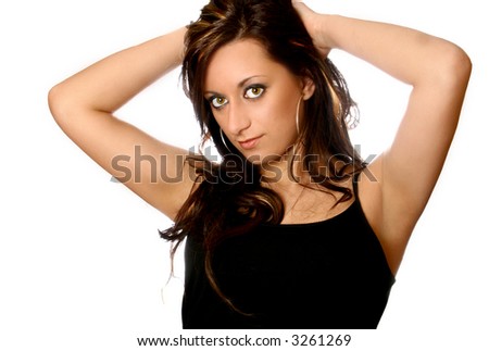 Beautiful woman with long hair, both arms up pulling hair back, isolated on white.