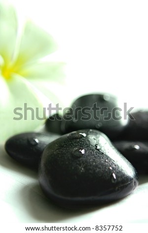Therapy stones with water droplets and white flower in background. Part of spa setting.