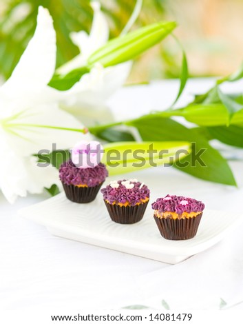 Three mini cupcakes in assorted design served on white plate.