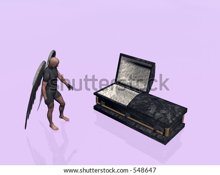 An angel standing next to a casket, coffin, your companion on the trip to the after life.