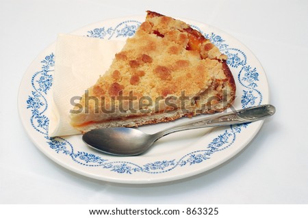 4 hour snack, Plate with piece of apricot pie with crust, isolated, photographed over white.