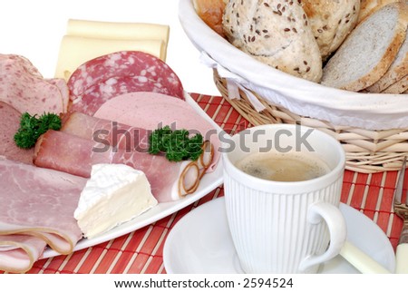 Breakfast, fresh baked  bread with cheese,  meat and coffee, photographed over white.  Nutrition, food concept.