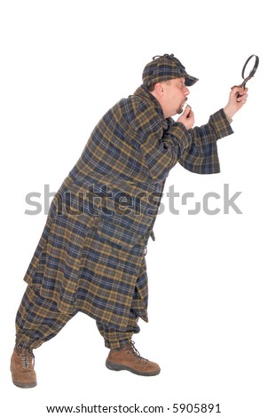 Male police officer dressed up as Sherlock Holmes investigating crime scene with magnifying glass. White background