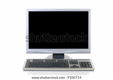 Hi Tech slim line Computer screen and keyboard  on reflective surface.  White background