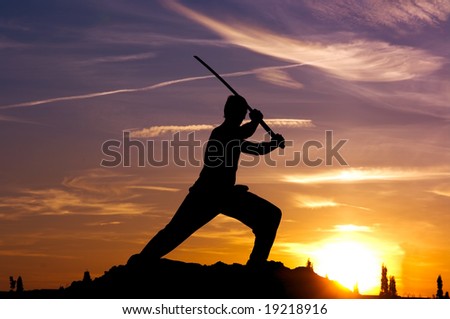Silhouetted man with samurai sword against sunset sky.