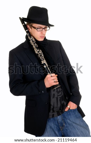 Handsome alternative dressed music performer, clarinet player.  Studio, white background