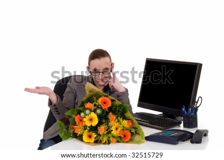 Attractive middle aged woman getting flowers for birthday, promotion, secretary day,  white background,  studio shot.