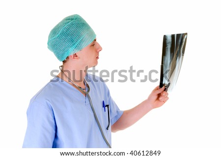 Male nurse, checking patient data, white background,  studio shot, reflective surface.
