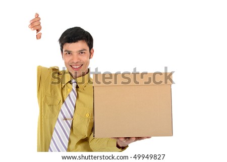 handsome Asian Nepalese post man making a delivery, post package, coming around the door. Studio, white background.